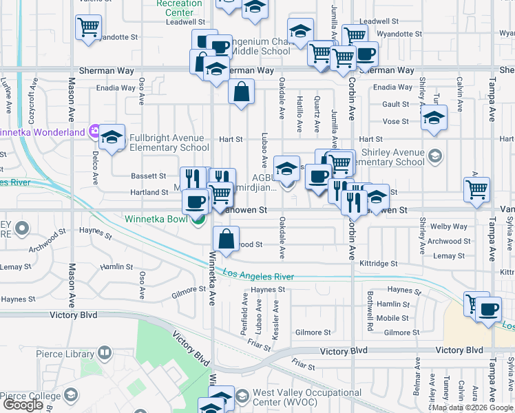 map of restaurants, bars, coffee shops, grocery stores, and more near 19947 Vanowen Street in Los Angeles