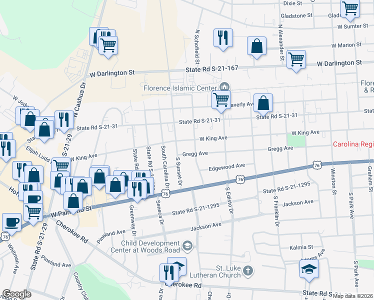 map of restaurants, bars, coffee shops, grocery stores, and more near 1407 Gregg Avenue in Florence