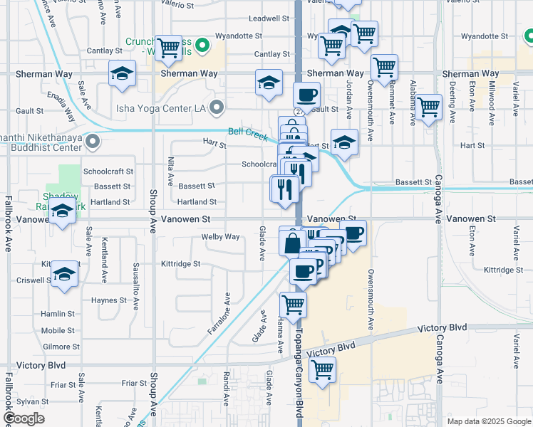 map of restaurants, bars, coffee shops, grocery stores, and more near 22057 Vanowen Street in Los Angeles