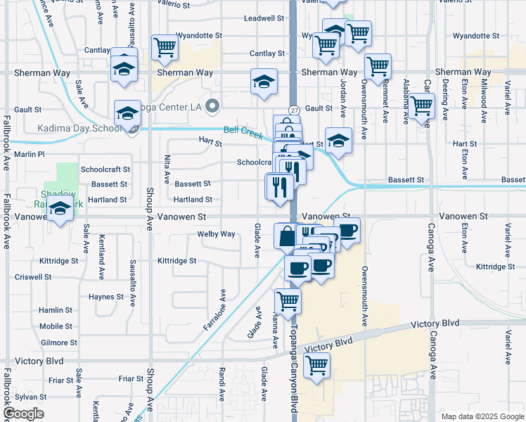 map of restaurants, bars, coffee shops, grocery stores, and more near 22051 Vanowen Street in Los Angeles
