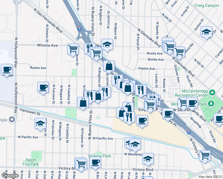map of restaurants, bars, coffee shops, grocery stores, and more near 4 Jannetta Avenue in Burbank