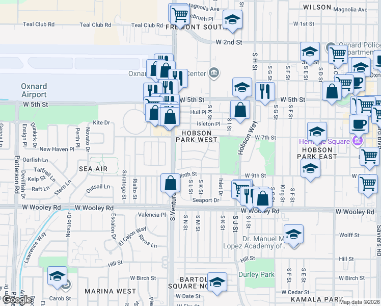 map of restaurants, bars, coffee shops, grocery stores, and more near 1254 Lost Point Lane in Oxnard