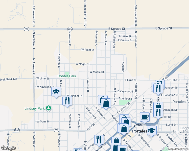 map of restaurants, bars, coffee shops, grocery stores, and more near 246-298 West Lime Street in Portales