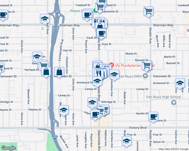 map of restaurants, bars, coffee shops, grocery stores, and more near 15319 Vanowen Street in Los Angeles