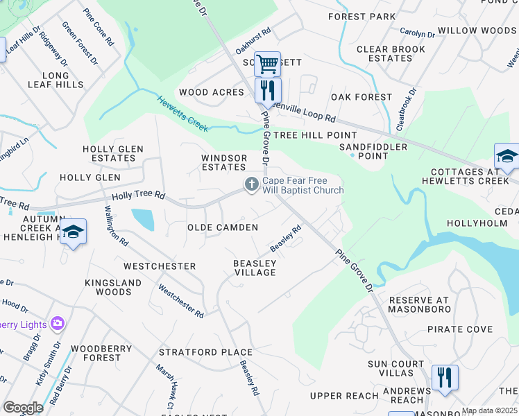 map of restaurants, bars, coffee shops, grocery stores, and more near 104 Thickett Place in Wilmington