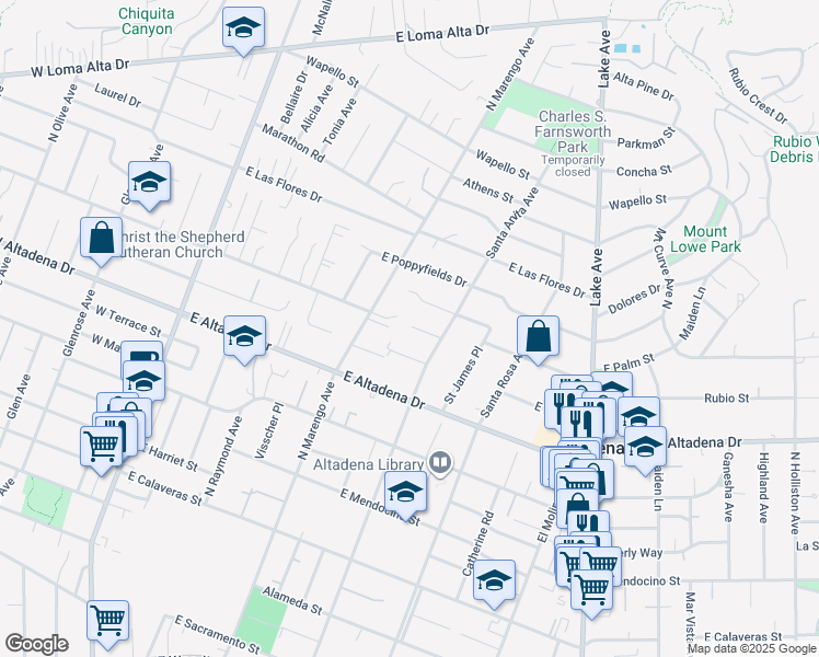map of restaurants, bars, coffee shops, grocery stores, and more near 408 Wistaria Place in Altadena