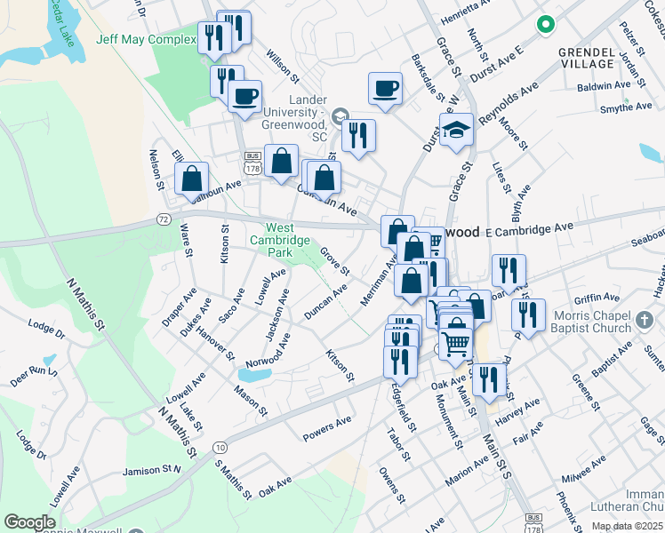 map of restaurants, bars, coffee shops, grocery stores, and more near 202 Andrews Avenue in Greenwood