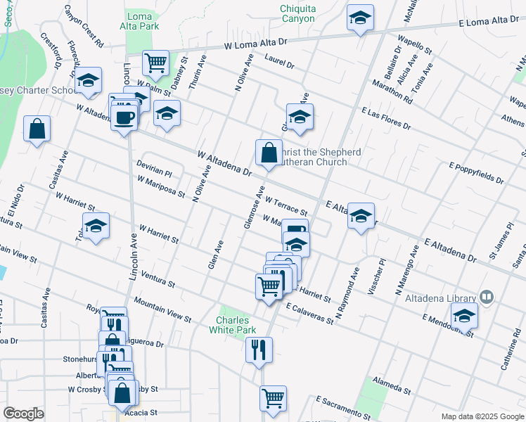 map of restaurants, bars, coffee shops, grocery stores, and more near 141 West Manor Street in Altadena