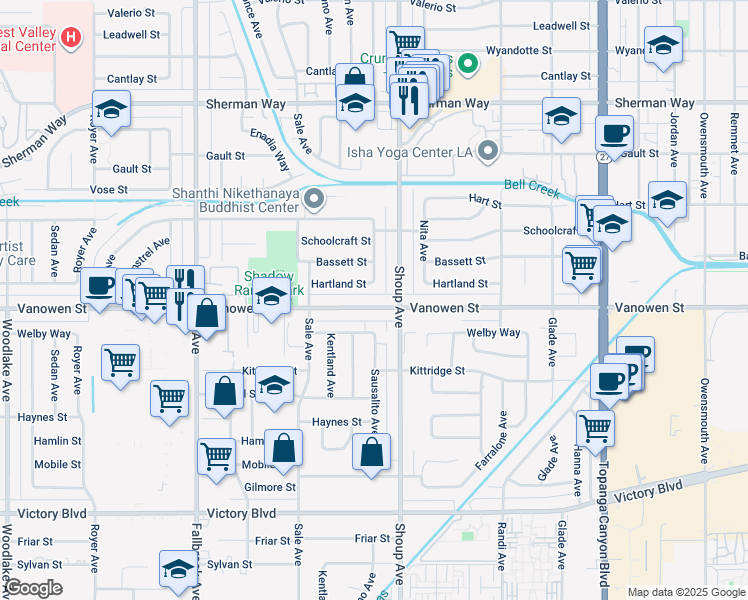 map of restaurants, bars, coffee shops, grocery stores, and more near 22427 Vanowen Street in Los Angeles