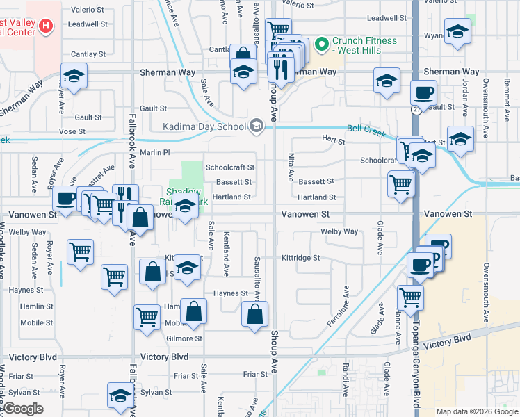 map of restaurants, bars, coffee shops, grocery stores, and more near 22421 Vanowen Street in Los Angeles