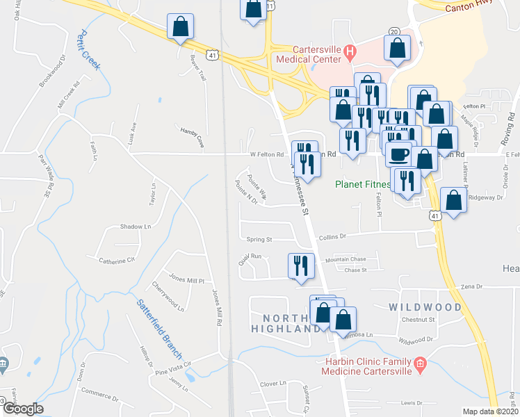 map of restaurants, bars, coffee shops, grocery stores, and more near 52 Pointe North Drive in Cartersville