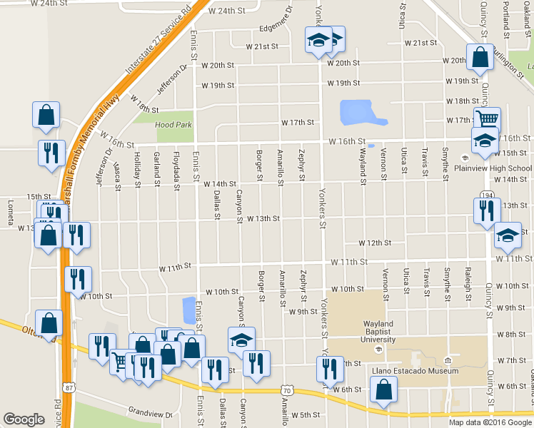 map of restaurants, bars, coffee shops, grocery stores, and more near 1300 Borger Street in Plainview