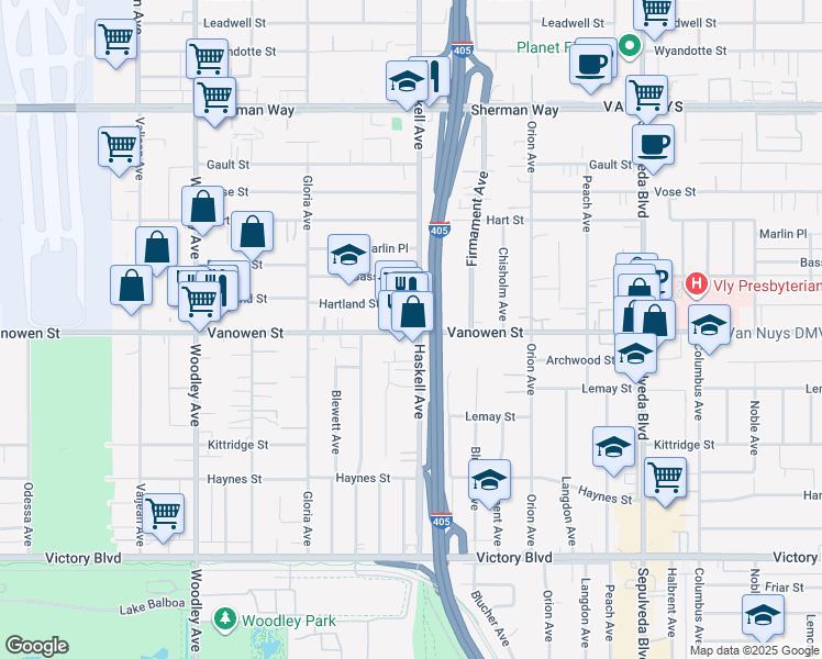 map of restaurants, bars, coffee shops, grocery stores, and more near 15707 1/2 Vanowen Street in Los Angeles