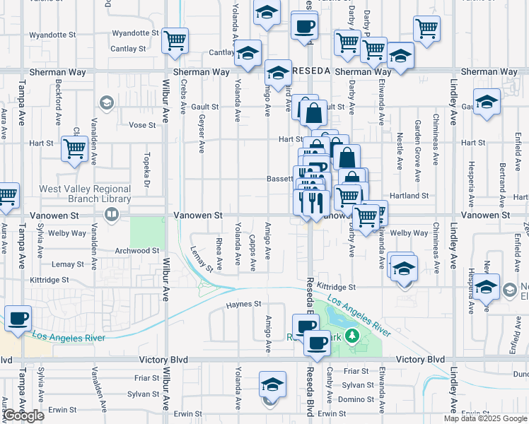 map of restaurants, bars, coffee shops, grocery stores, and more near 6803 Amigo Avenue in Los Angeles