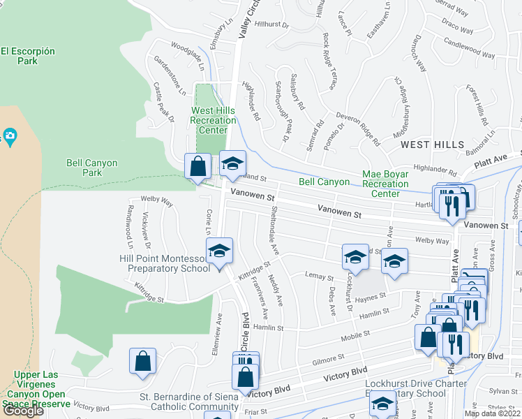 map of restaurants, bars, coffee shops, grocery stores, and more near 24321 Welby Way in Los Angeles