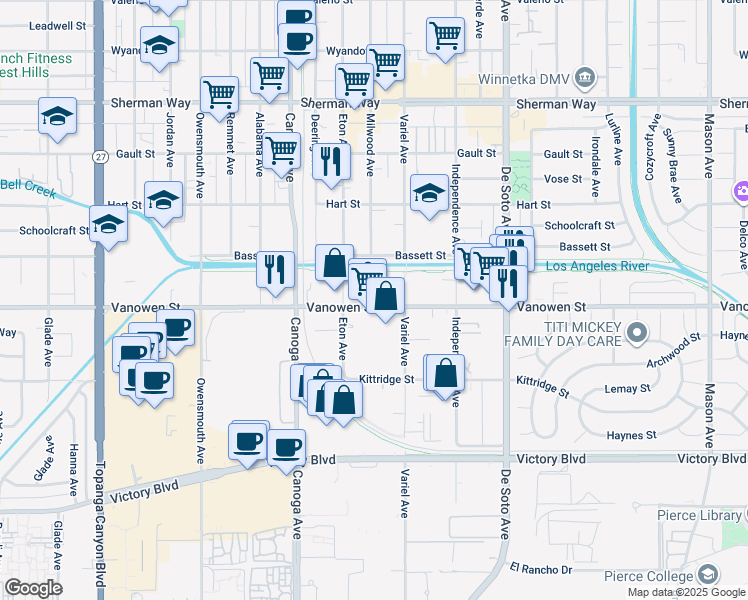 map of restaurants, bars, coffee shops, grocery stores, and more near 6802 Milwood Avenue in Los Angeles