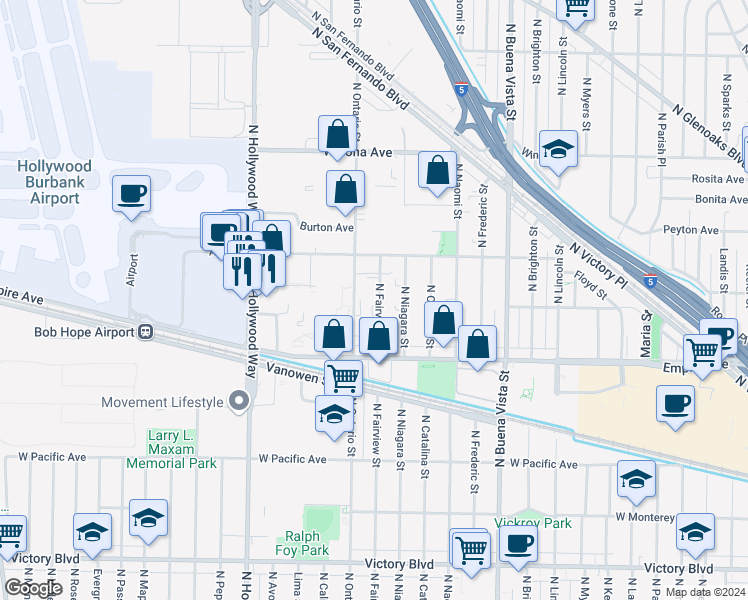 map of restaurants, bars, coffee shops, grocery stores, and more near 2307 North Fairview Street in Burbank
