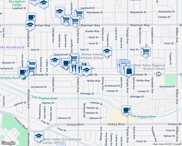 map of restaurants, bars, coffee shops, grocery stores, and more near 19561 Vanowen Street in Los Angeles