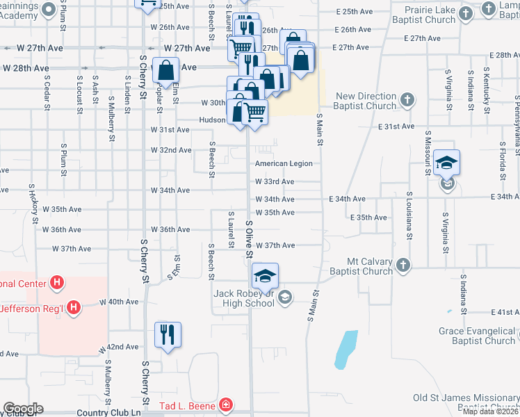 map of restaurants, bars, coffee shops, grocery stores, and more near 317 West 35th Avenue in Pine Bluff