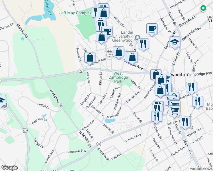 map of restaurants, bars, coffee shops, grocery stores, and more near 220 Saco Avenue in Greenwood