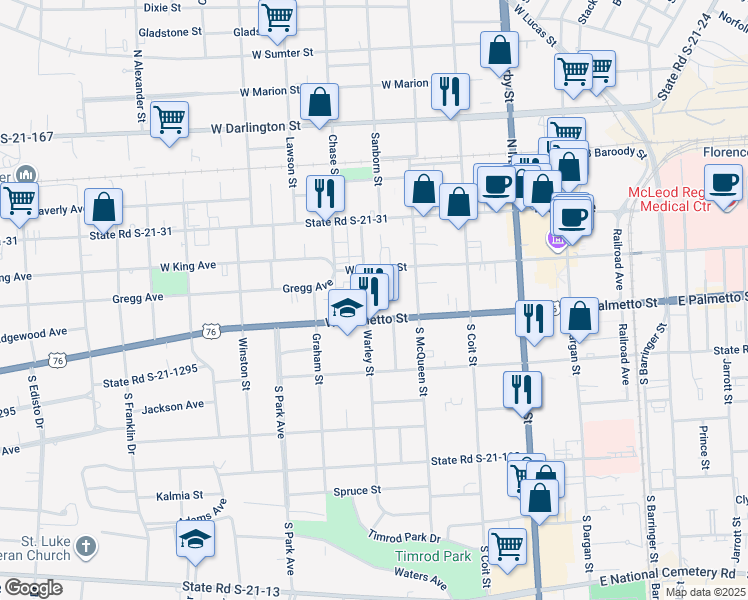 map of restaurants, bars, coffee shops, grocery stores, and more near 256 Warley Street in Florence