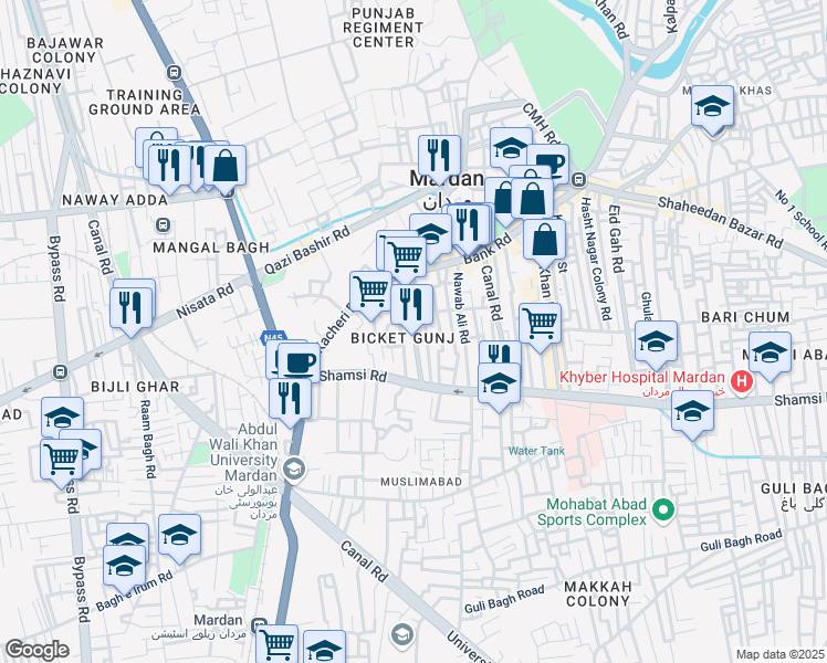 map of restaurants, bars, coffee shops, grocery stores, and more near Bicket Gunj Bazar in Mardan