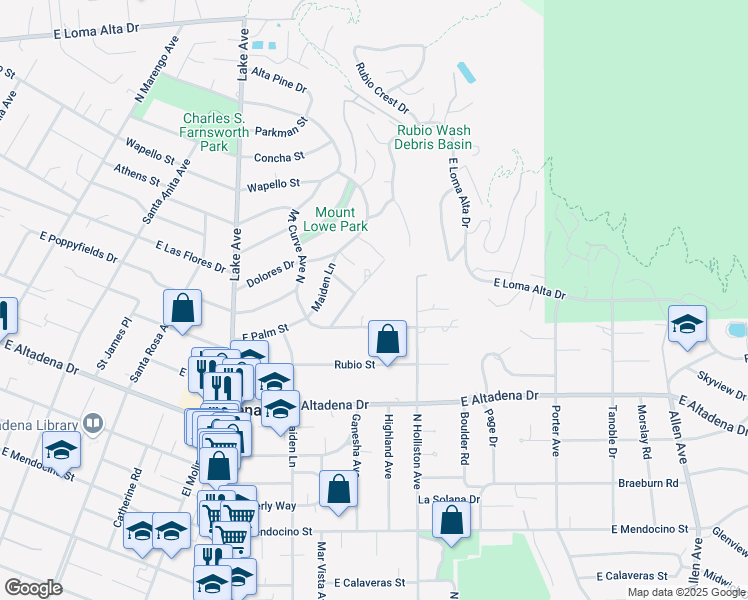 map of restaurants, bars, coffee shops, grocery stores, and more near 2888 Reposa Lane in Altadena
