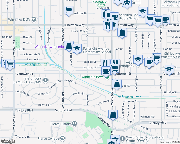 map of restaurants, bars, coffee shops, grocery stores, and more near 20251 Vanowen Street in Los Angeles