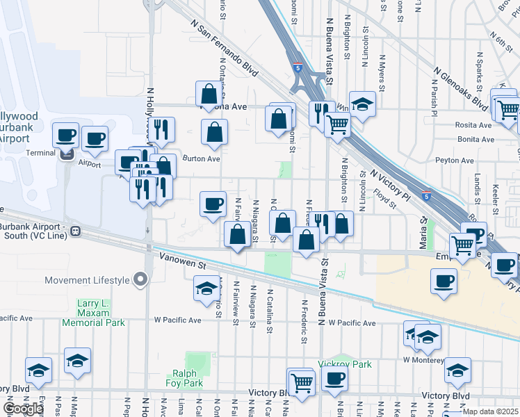 map of restaurants, bars, coffee shops, grocery stores, and more near 2305 North Niagara Street in Burbank