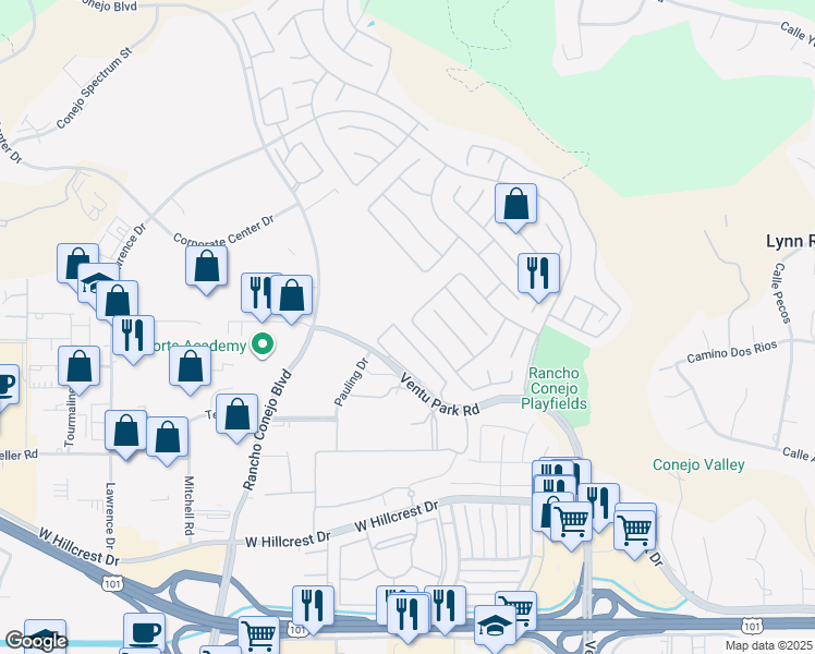 map of restaurants, bars, coffee shops, grocery stores, and more near 1767 Fox Springs Circle in Thousand Oaks