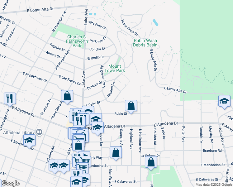 map of restaurants, bars, coffee shops, grocery stores, and more near 2857 Reposa Lane in Altadena