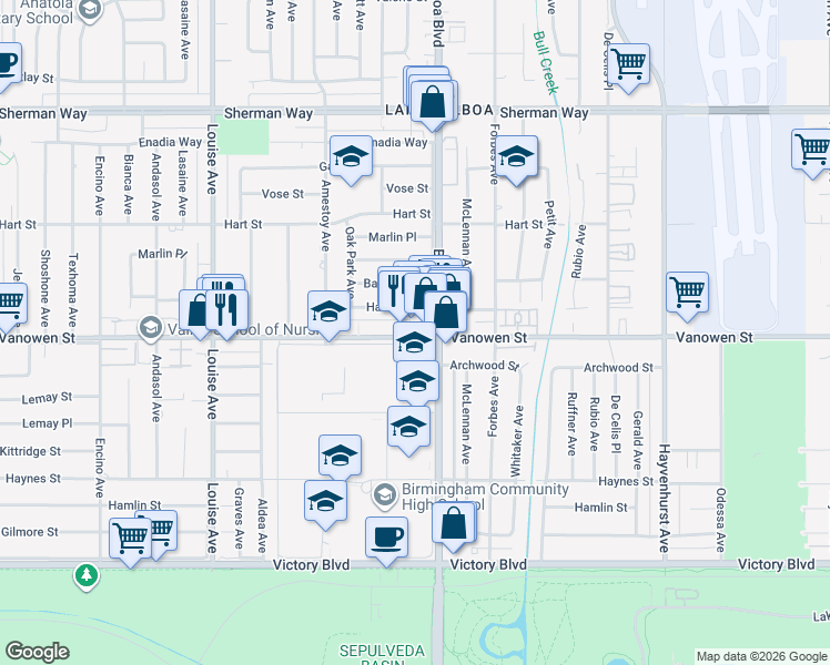 map of restaurants, bars, coffee shops, grocery stores, and more near 16923 Vanowen Street in Los Angeles
