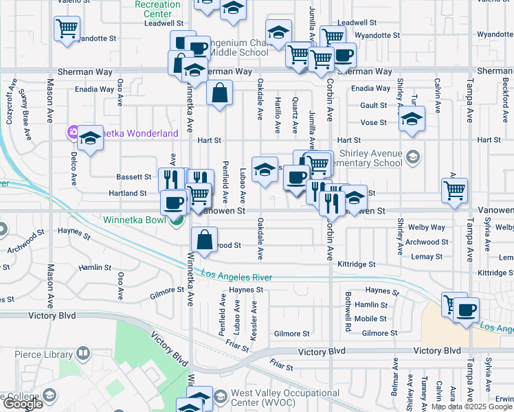 map of restaurants, bars, coffee shops, grocery stores, and more near 19903 Vanowen Street in Los Angeles