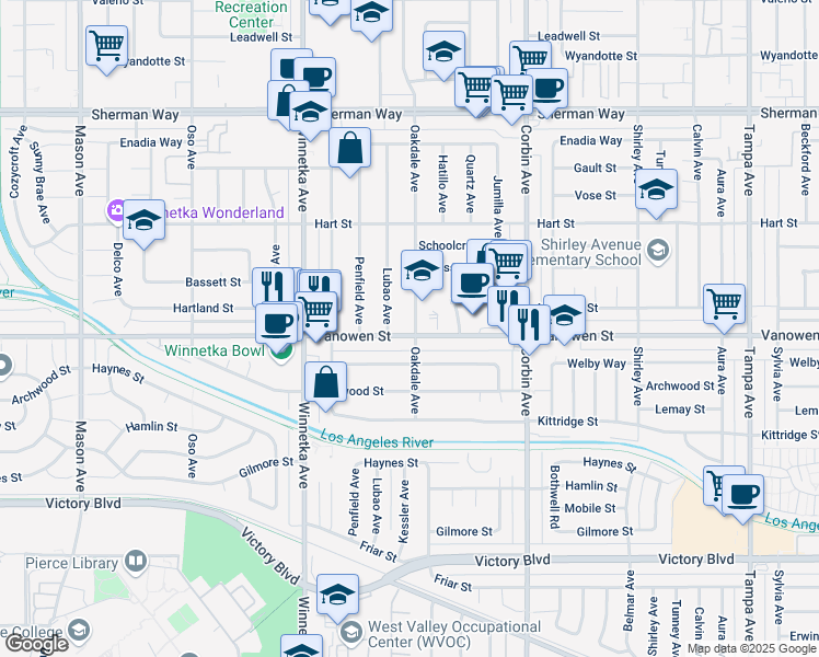 map of restaurants, bars, coffee shops, grocery stores, and more near 19903 Vanowen Street in Los Angeles