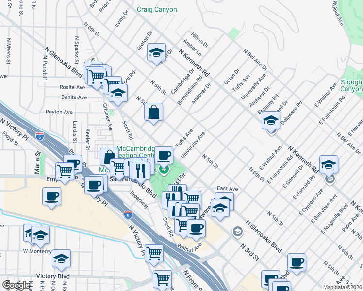 map of restaurants, bars, coffee shops, grocery stores, and more near 430 Tufts Avenue in Burbank