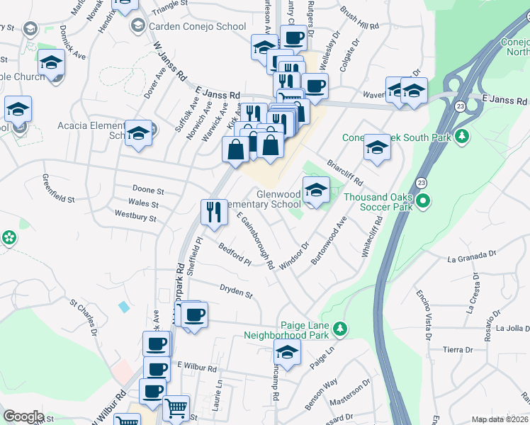 map of restaurants, bars, coffee shops, grocery stores, and more near 1229 Coventry Drive in Thousand Oaks