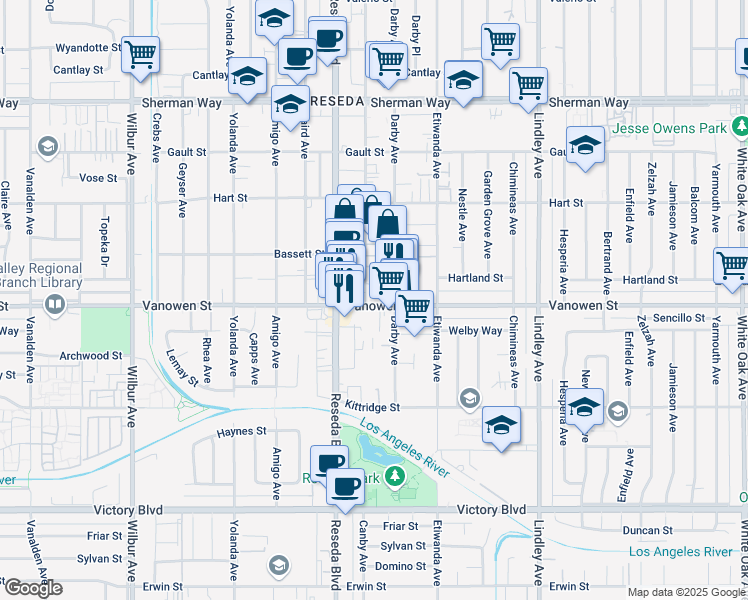 map of restaurants, bars, coffee shops, grocery stores, and more near 18415 Vanowen Street in Los Angeles
