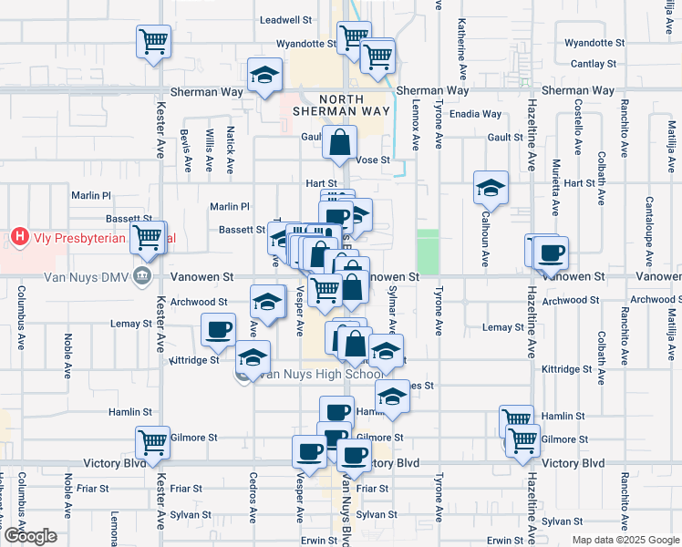 map of restaurants, bars, coffee shops, grocery stores, and more near 6801 Van Nuys in Los Angeles