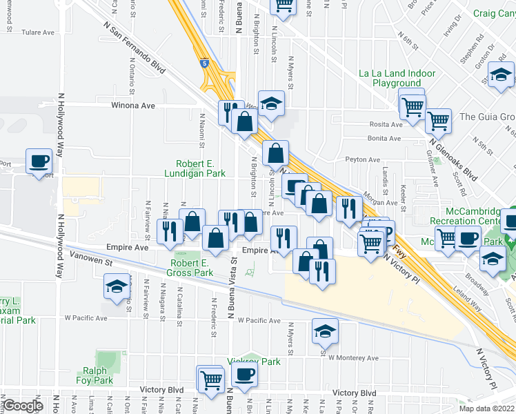 map of restaurants, bars, coffee shops, grocery stores, and more near 2108 North Brighton Street in Burbank