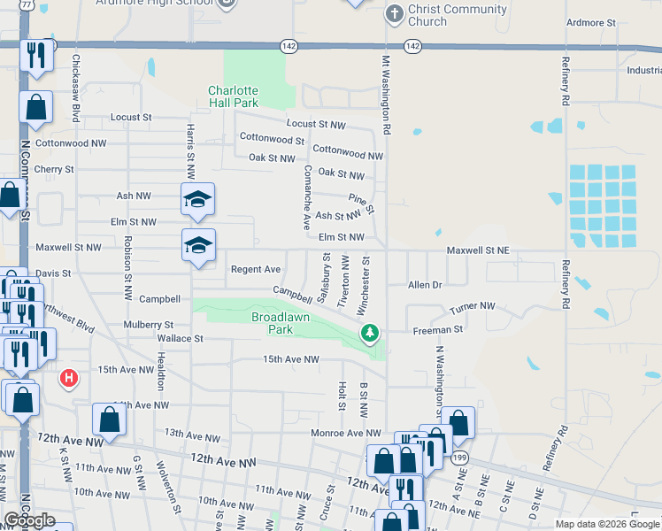 map of restaurants, bars, coffee shops, grocery stores, and more near 1730 Salisbury Street in Ardmore