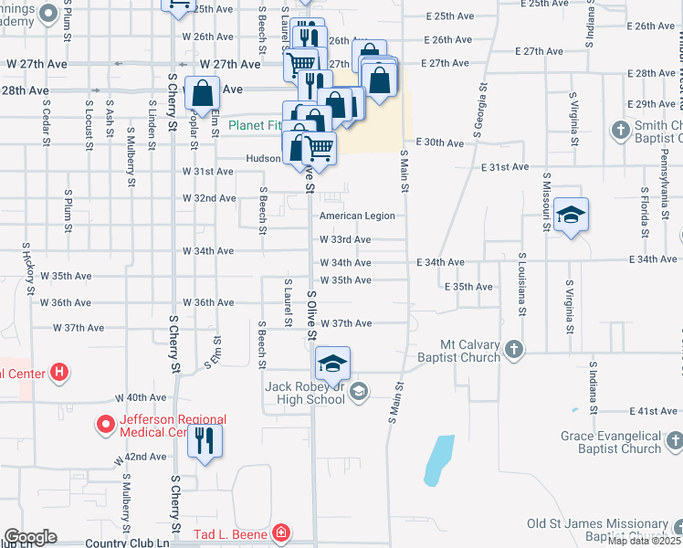 map of restaurants, bars, coffee shops, grocery stores, and more near 317 West 35th Avenue in Pine Bluff