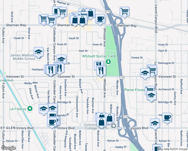 map of restaurants, bars, coffee shops, grocery stores, and more near 6800 Babcock Avenue in Los Angeles