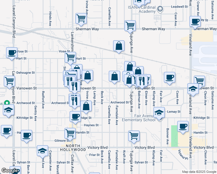 map of restaurants, bars, coffee shops, grocery stores, and more near 11501 Vanowen Street in Los Angeles