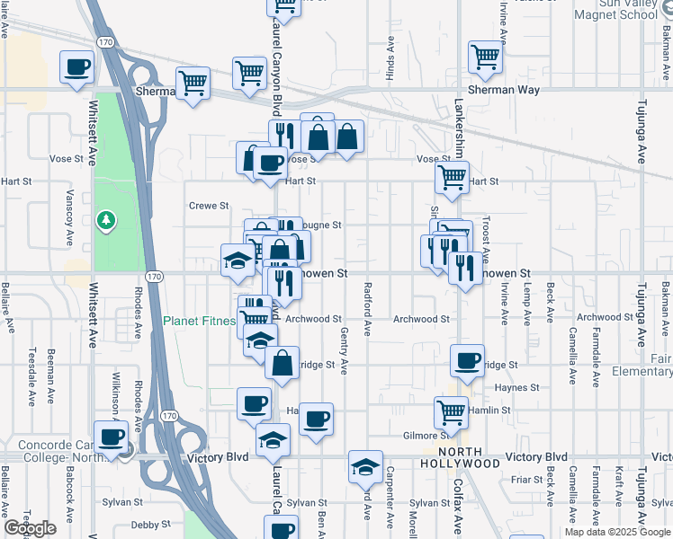 map of restaurants, bars, coffee shops, grocery stores, and more near 11943 Vanowen Street in Los Angeles
