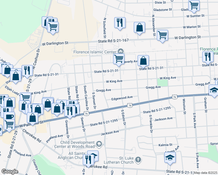 map of restaurants, bars, coffee shops, grocery stores, and more near 1321 Gregg Ave in Florence