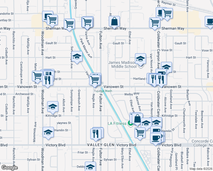 map of restaurants, bars, coffee shops, grocery stores, and more near 13255 Vanowen Street in Los Angeles