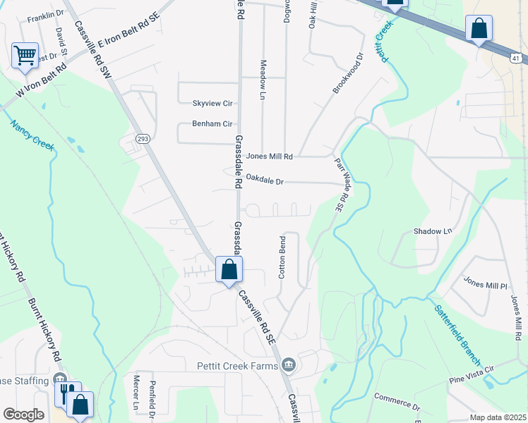 map of restaurants, bars, coffee shops, grocery stores, and more near 12 Lila Way in Cartersville