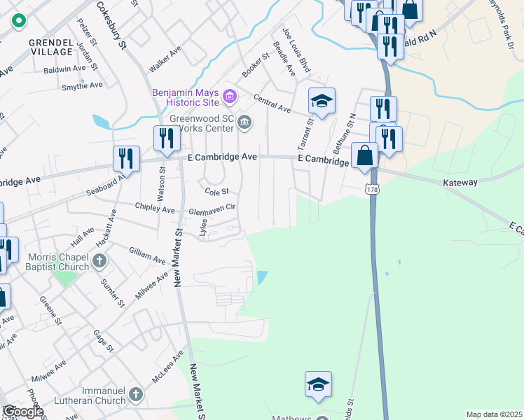 map of restaurants, bars, coffee shops, grocery stores, and more near 137 South University Street in Greenwood