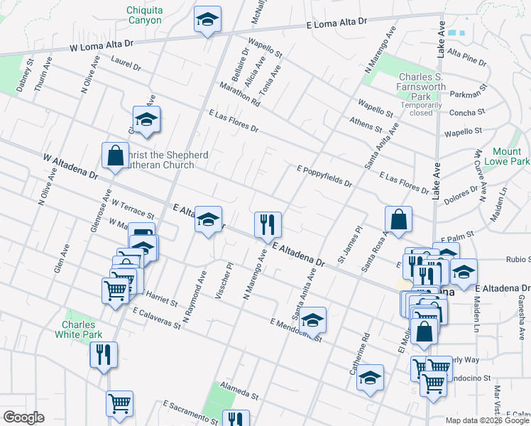 map of restaurants, bars, coffee shops, grocery stores, and more near 275 East Pentagon Street in Altadena