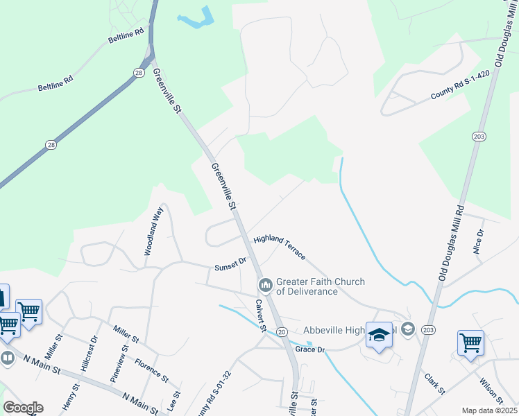map of restaurants, bars, coffee shops, grocery stores, and more near 101-119 College Avenue in Abbeville